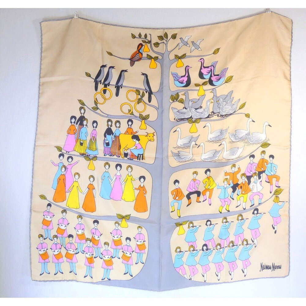 VTG Neiman Marcus 100% Silk Scarf Twelve Days of Christmas 30" Square